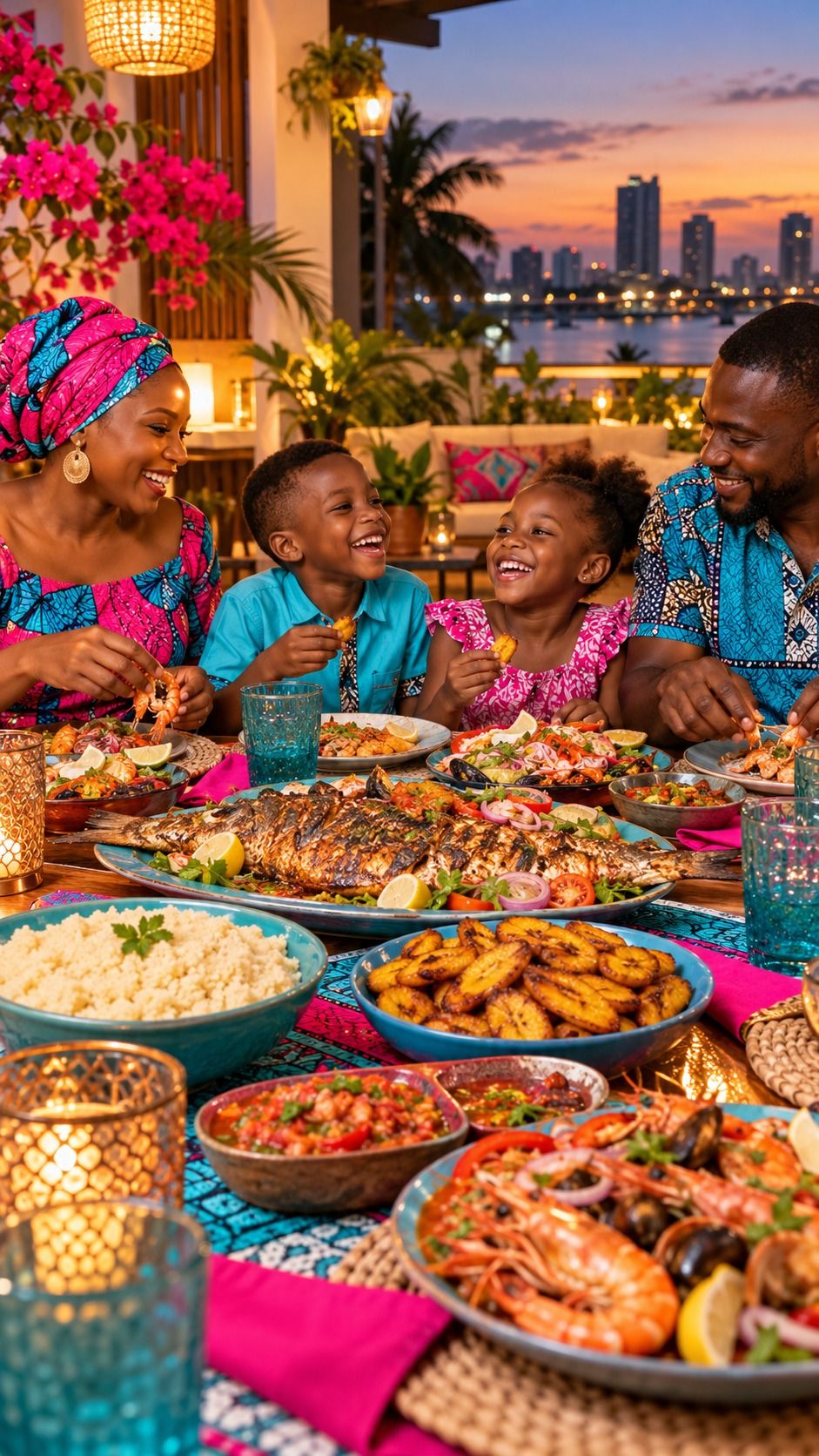 Famille ivoirienne autour d'un repas de poissons et fruits de mer